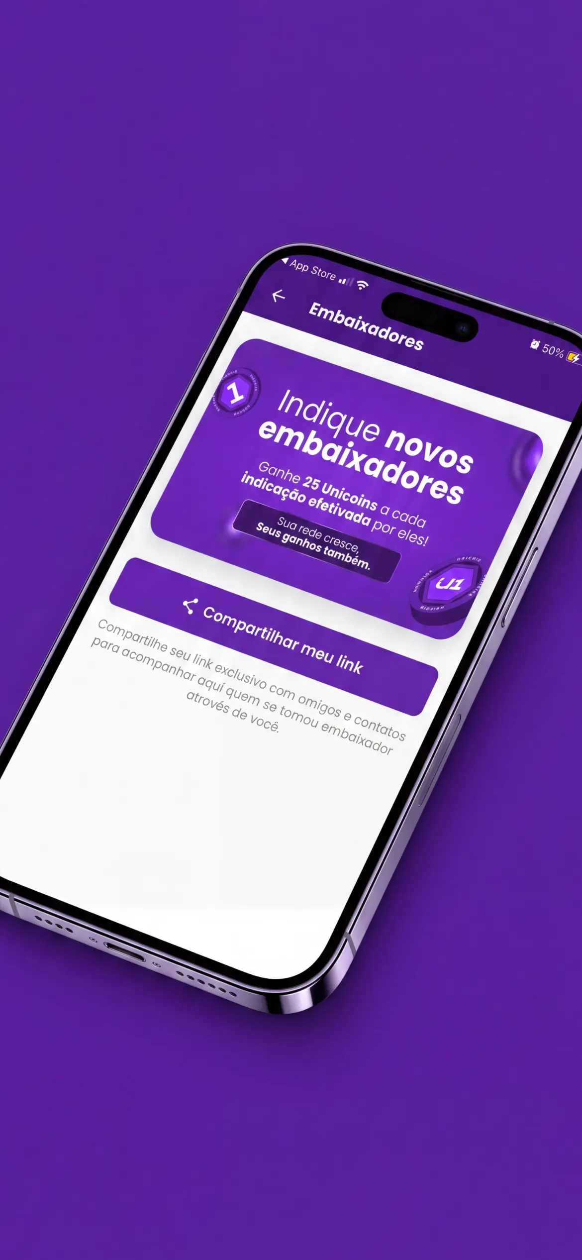Card lateral do app embaixador UniUnica
