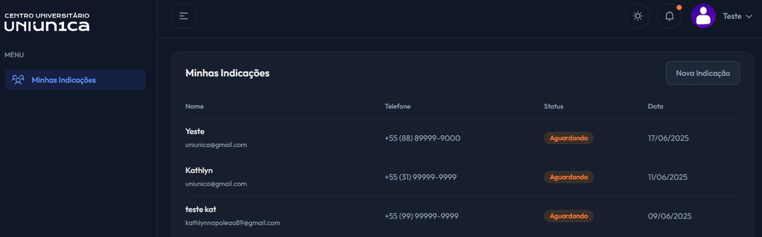 Lista de indicações e status na plataforma